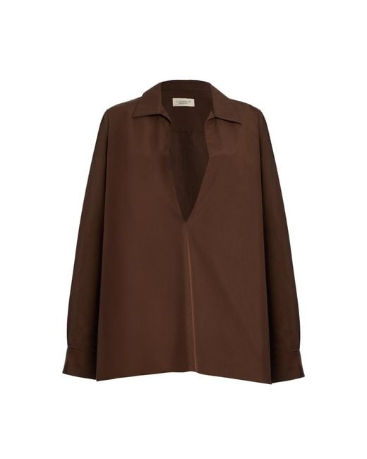 Comme Si Brown Deep V-Neck Cotton-Poplin Shirt