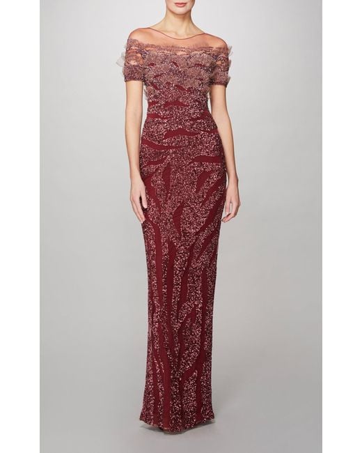 Pamella Roland Red Graphic Wave Signature Sequin Gown