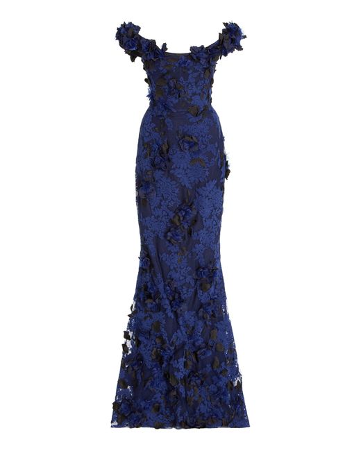 Marchesa Blue Floral-appliquéd Lace Off-the-shoulder Gown