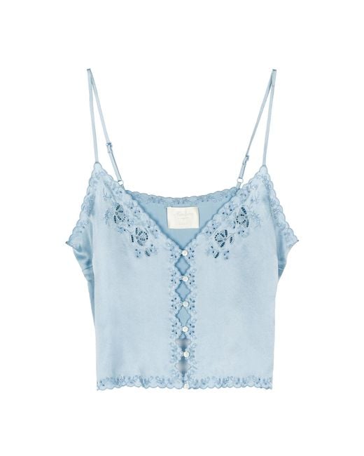 Doen Blue Elise Embroidered Silk Cami Top