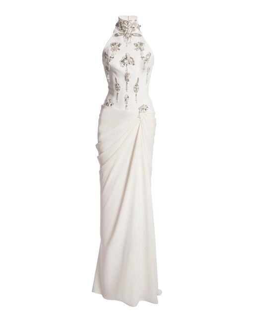 Zuhair Murad White Heavy Cady Brooches Embroidered Halter Long Dress