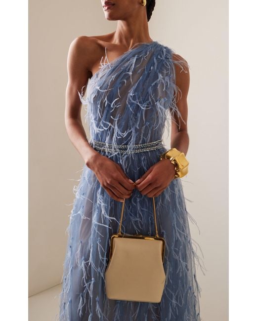 Marchesa Blue Feather-embroidered Tulle One-shoulder Midi Dress