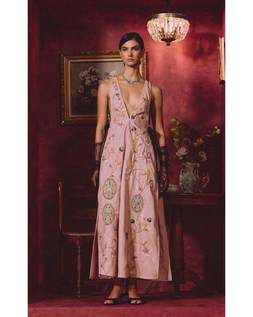 Agua Bendita Red Rio Hechizo Linen Maxi Dress