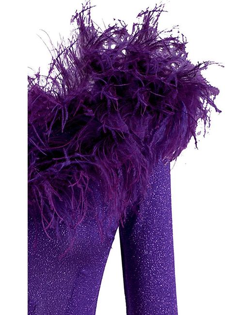RAISA & VANESSA Purple Feather-trimmed Glittered Knit Corset Top