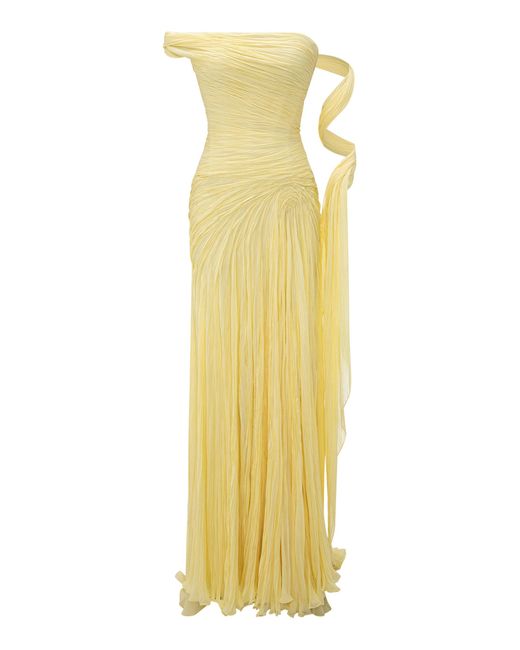Marmar Halim Yellow Pleated One-Shoulder Chiffon Maxi Dress