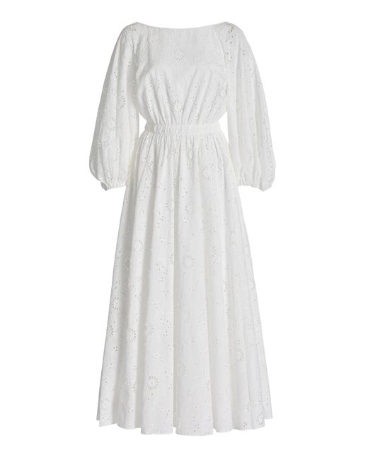 Carolina Herrera White Shirred Cotton Midi Dress