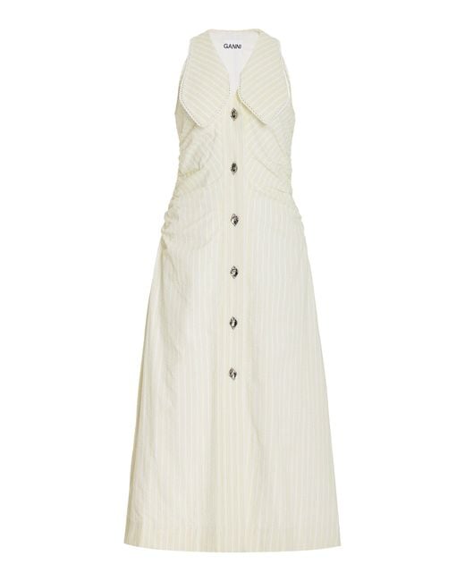 Ganni Striped Seersucker Cotton Midi Dress in Yellow | Lyst