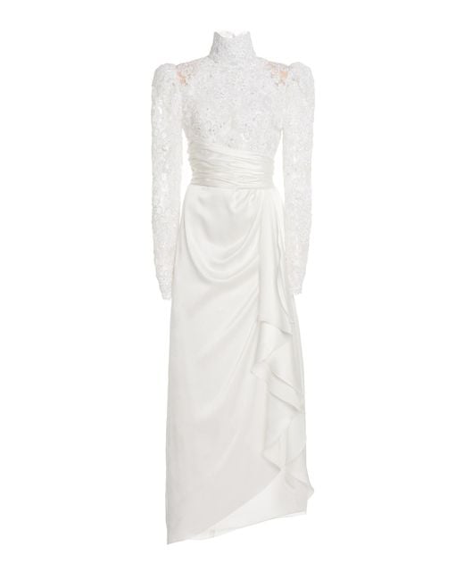 Alessandra Rich White Silk Satin High Neck Gown With Embroidery