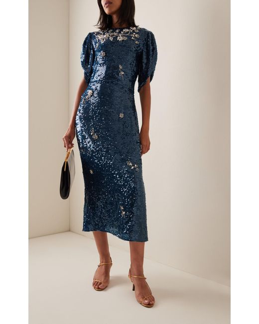 Erdem Blue Astrea Sequined Midi Dress