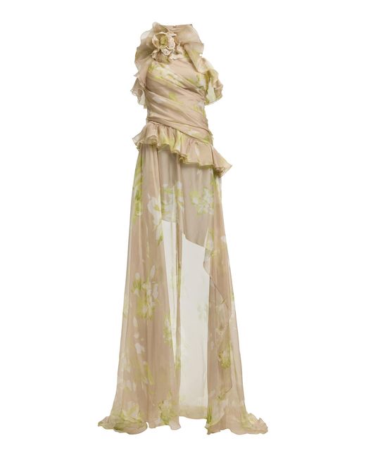 Elie Saab Natural Asymmetrical Draped Ruffle Silk-Chiffon Gown