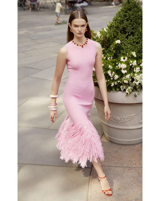 oscar de la renta fringed crepe midi dress Oscar de la Renta Strapless Woven Crepe Gown With Fringe Hem