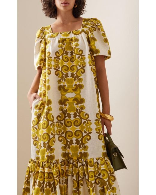 Cara Cara Yellow Chani Printed Linen Midi Dress