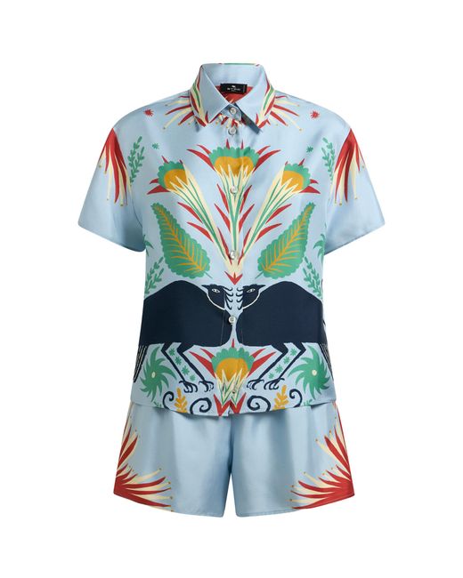 Etro Blue Printed Silk Shorts Set