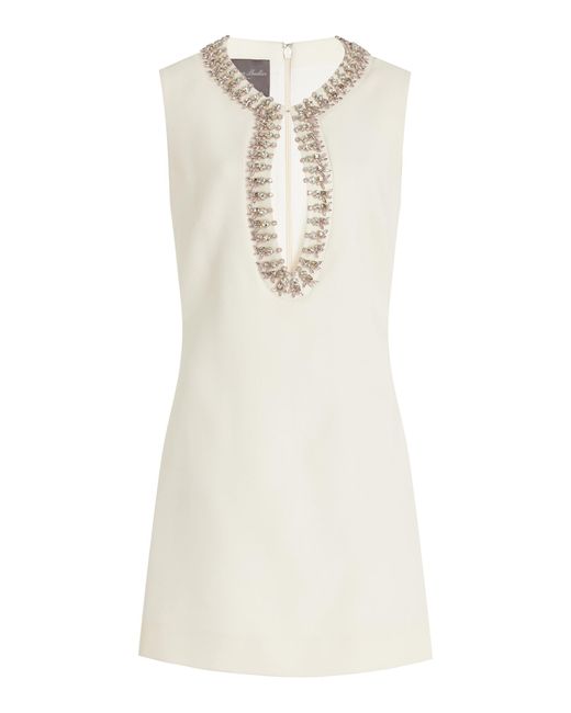 Monique Lhuillier White Jeweled Wool-Silk Mini Dress