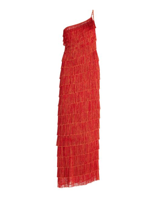 Francesca Miranda Red Exclusive One-shoulder Fringed Silk-blend Maxi Dress