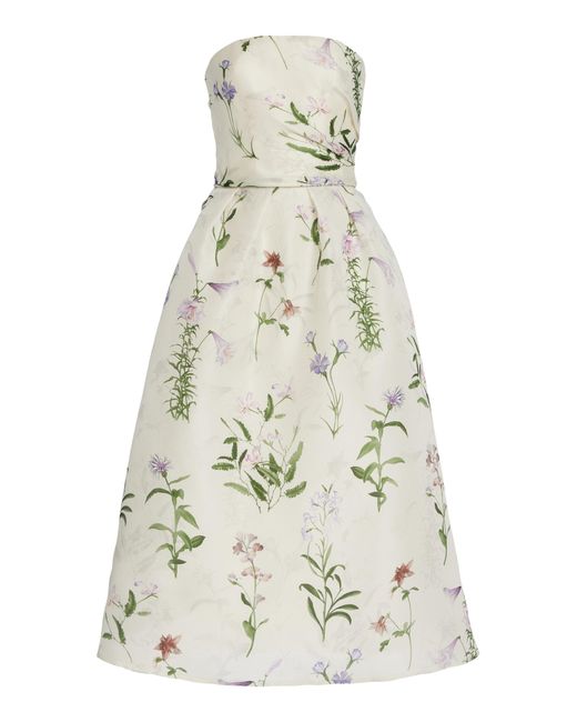 Monique Lhuillier White Printed Silk Midi Dress