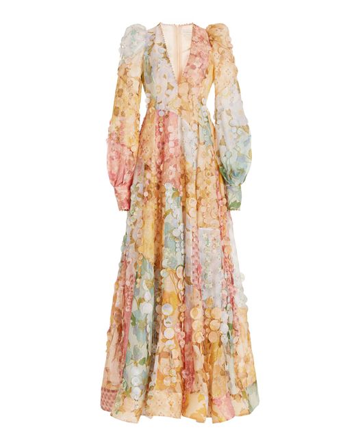 Zimmermann Multicolor Tempo Disc-embellished Floral Linen-silk Gown