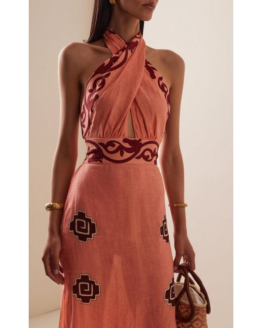 Johanna Ortiz Pink Energetic Patterns Linen Halter Midi Dress