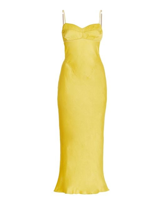 Anna October Yellow Waterlily Open-back Satin Midi Slip Dress