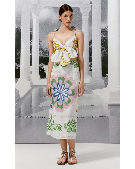 Silvia Tcherassi White Atira Printed Linen Midi Skirt