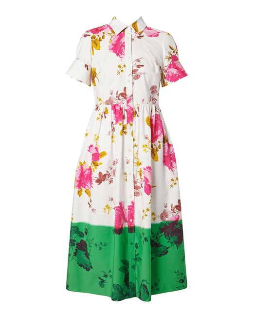 Erdem Green Pleated Cotton Poplin Midi Shirt Dress