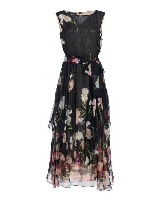 Oscar de la Renta Black Painted Iris Silk-Chiffon Midi Dress