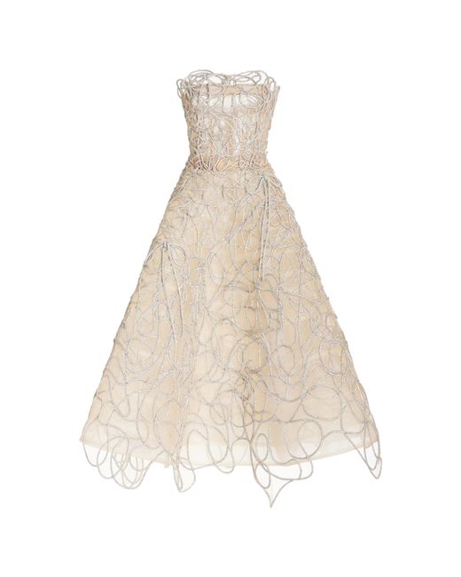 Oscar de la Renta Natural Crystal-embroidered Strapless Tea-length Gown