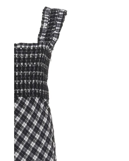 Ganni Smocked Checked Seersucker Midi Dress | Lyst