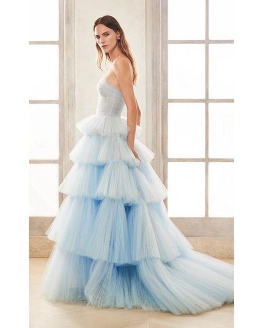 Oscar de la Renta Blue Bustier Strapless Ball Gown With 5 Layers Of Ruffled