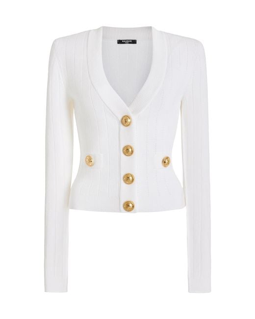 Balmain Buttoned Ribbed-knit Cropped Cardigan in White | Lyst