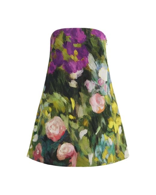 Oscar de la Renta Green Strapless Abstract Garden Shift Dress