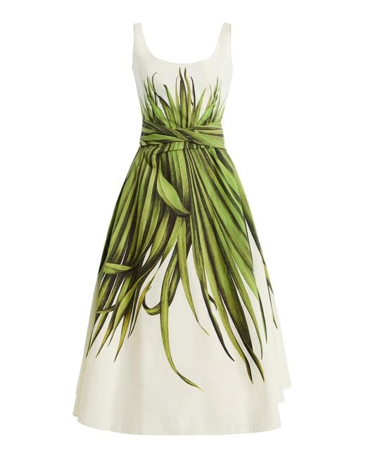 Oscar de la Renta Green Palm Leaves Cotton-Poplin Midi Dress