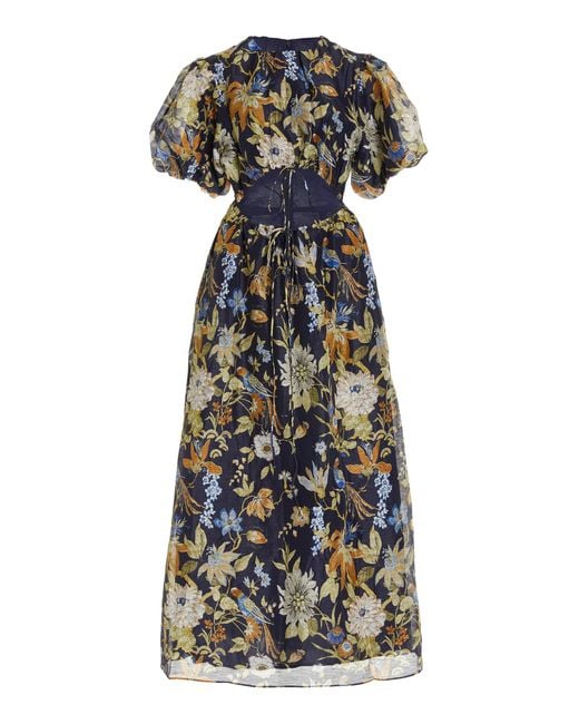 Sir. The Label Blue Lilian Puff-sleeve Cutout Floral Linen-silk Midi Dress