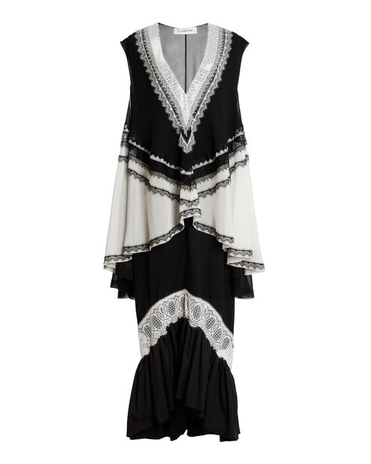 Lanvin Black Layered Ruffle Silk Maxi Dress