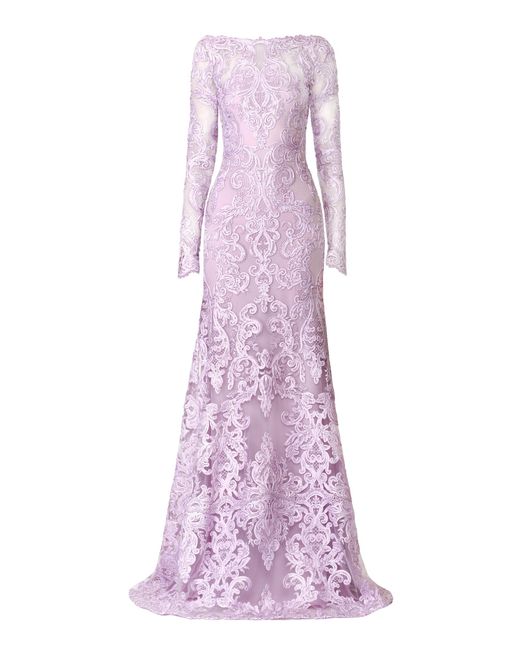 Naeem Khan Purple Ribbon Lace Boatneck Long Sleeves Fit-And-Flare Gown
