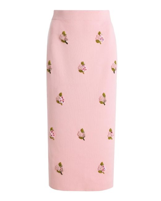 Carolina Herrera Pink Embroidered Silk-Cotton Midi Pencil Skirt