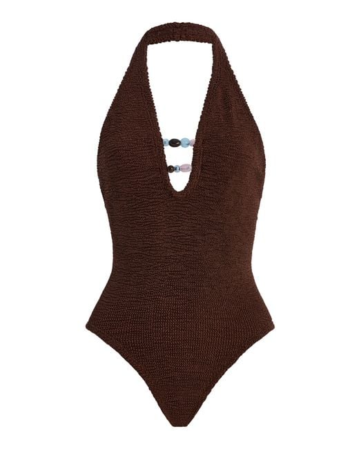 Hunza G Brown Adriana Beaded One-Piece Swimsuit