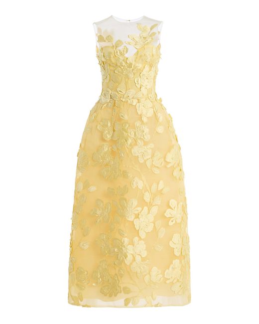 Monique Lhuillier Yellow Floral Embroidered Dress