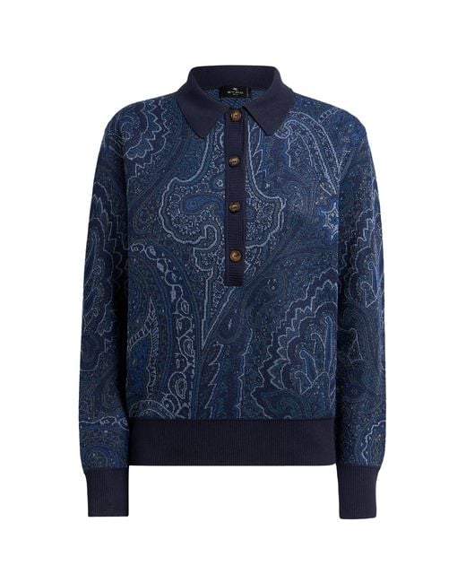 Etro Blue Patterned Knit Polo Top