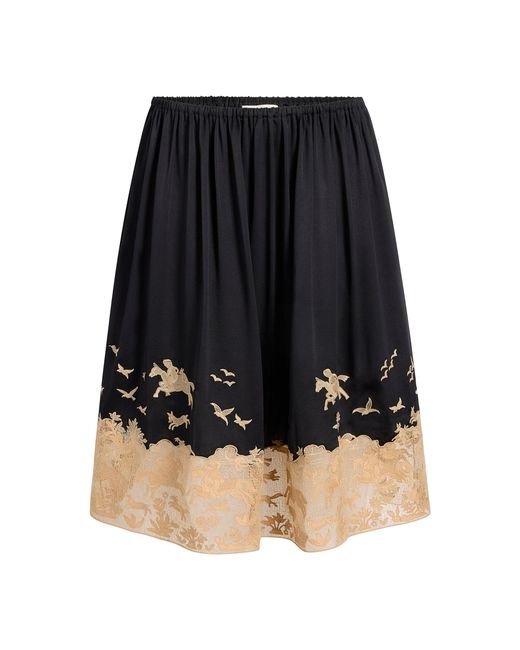 Khaite Black Lucina Embroiered Silk Midi Skirt