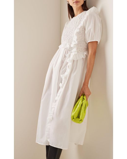 Cecilie Bahnsen Chloe Ruffled Smocked Poplin Midi Dress in White 