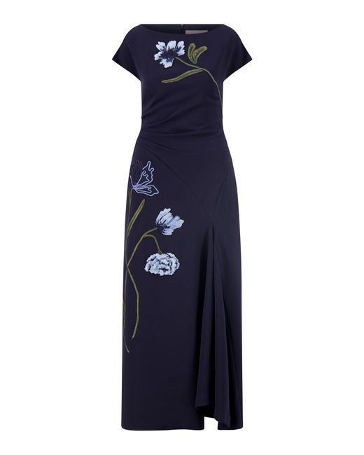 Lela Rose Blue Floral Cord Embroidered Crepe Dress