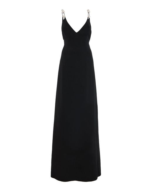 Monique Lhuillier Black A-Line V Neck Wool Blend Gown With Pearl Straps
