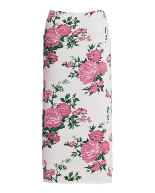 Carolina Herrera White Floral-printed Knit Silk Midi Skirt