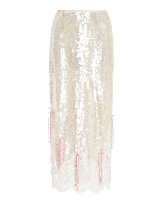 Wiederhoeft White Exclusive Lace-Trimmed Sequined Midi Skirt