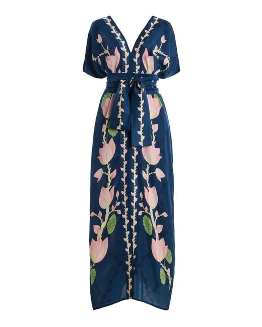 VERANDAH Blue Blooming Lotus Draped Satin Maxi Dress