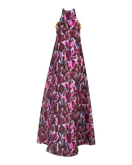 Carolina Herrera Purple Halter Neck Iris Print Silk Gazar Gown