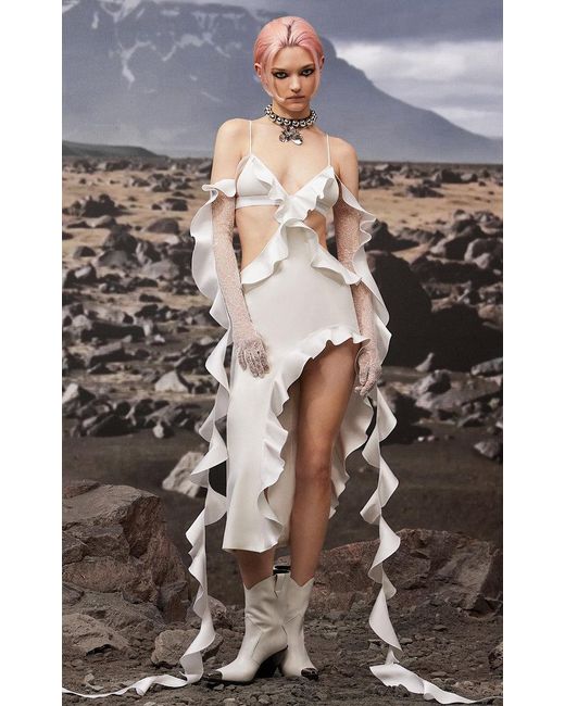 David Koma White Ruffle-trimmed Asymmetrical Cutout Midi Dress