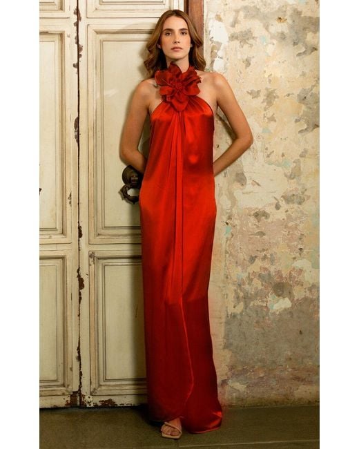 ANDRES OTALORA Red Magdalena Floral-appliquéd Silk Gown