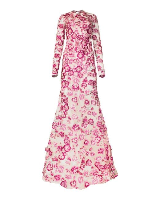 Naeem Khan Pink Floral Appliquéd Gown